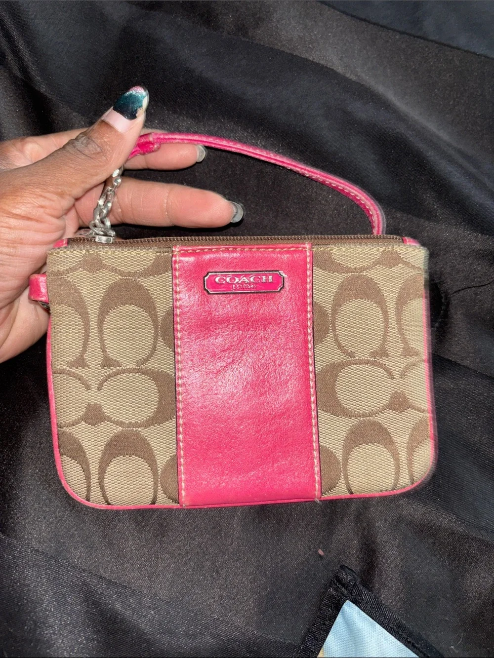 Coach Brown Signature Canvas Wristlet with Pink Leather Trim